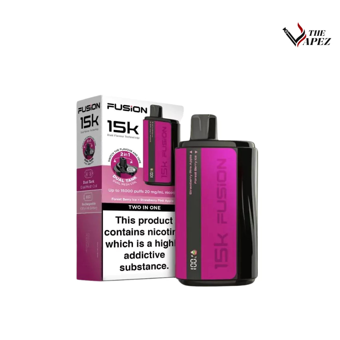 2 in 1 Fusion 15k Puffs Dual Tank Disposable Vape Pod Kit Forest Berry Ice + Strawberry Pink Apple