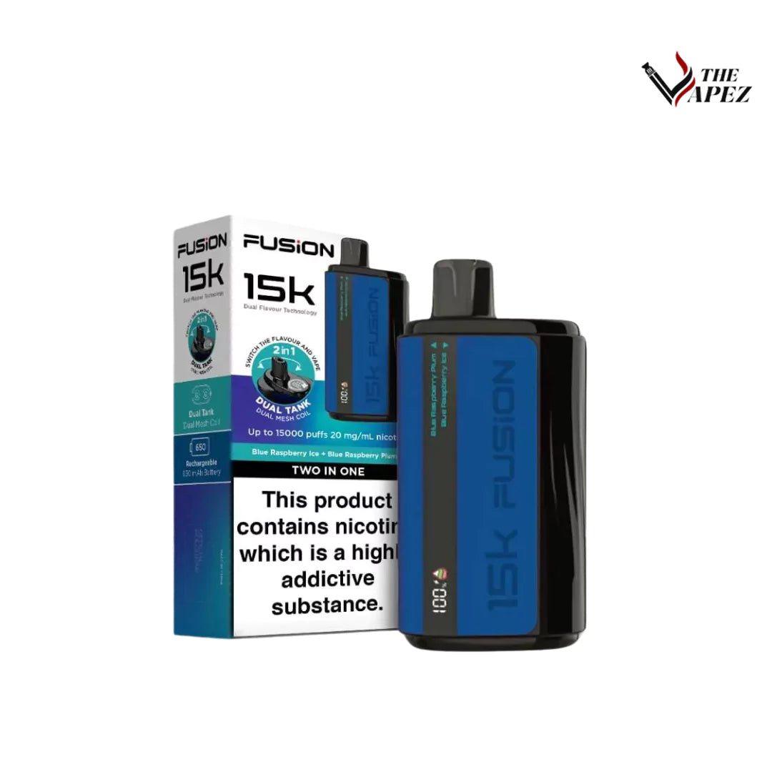 2 in 1 Fusion 15k Puffs Dual Tank Disposable Vape Pod Kit Blue Raspberry Plum + Blue Raspberry Ice