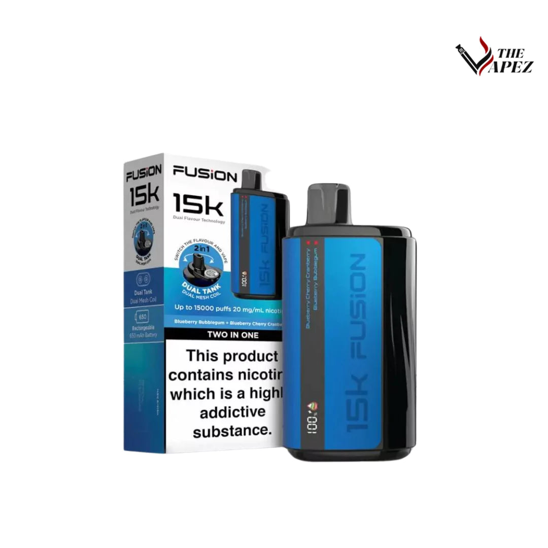 2 in 1 Fusion 15k Puffs Dual Tank Disposable Vape Pod Kit Blueberry Bubblegum + Blueberry Cherry Cranberry