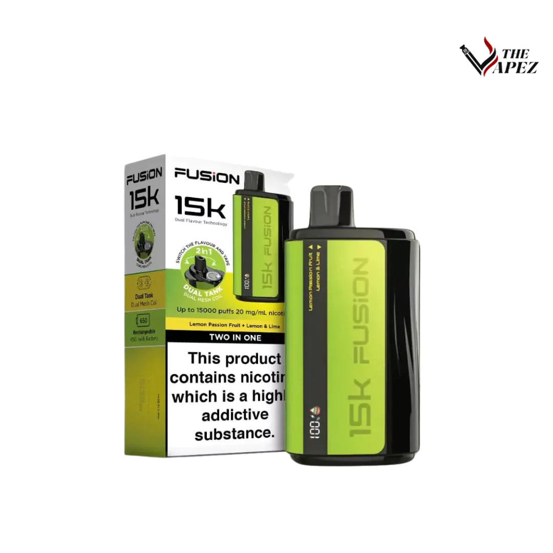 2 in 1 Fusion 15k Puffs Dual Tank Disposable Vape Pod Kit Lemon Passion Fruit + Lemon Lime