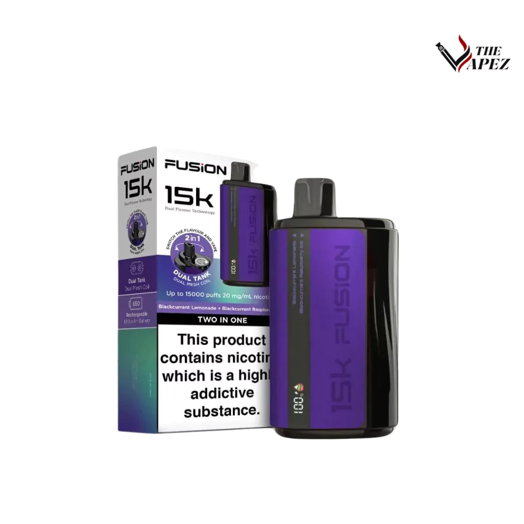 2 in 1 Fusion 15k Puffs Dual Tank Disposable Vape Pod Kit Blackcurrant Lemonade + Blackcurrant Raspberry Ice