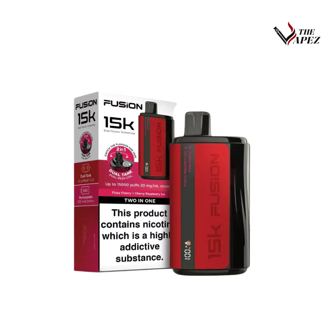 2 in 1 Fusion 15k Puffs Dual Tank Disposable Vape Pod Kit Fizzy Cherry + Cherry Raspberry