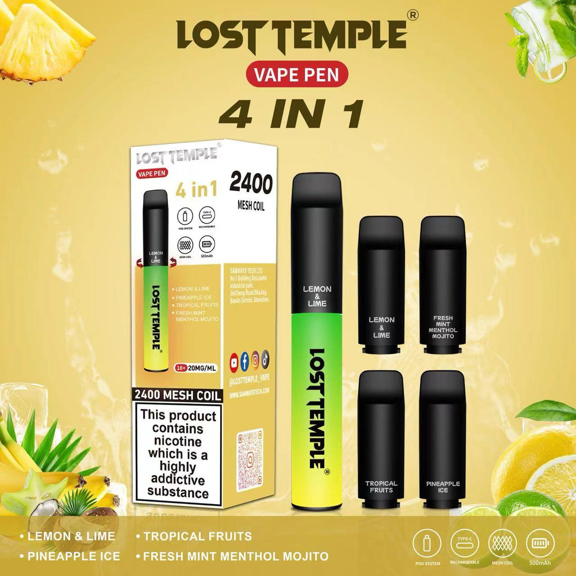 4 in 1 Lost temple 2400 Puffs Disposable Pod System Kit 