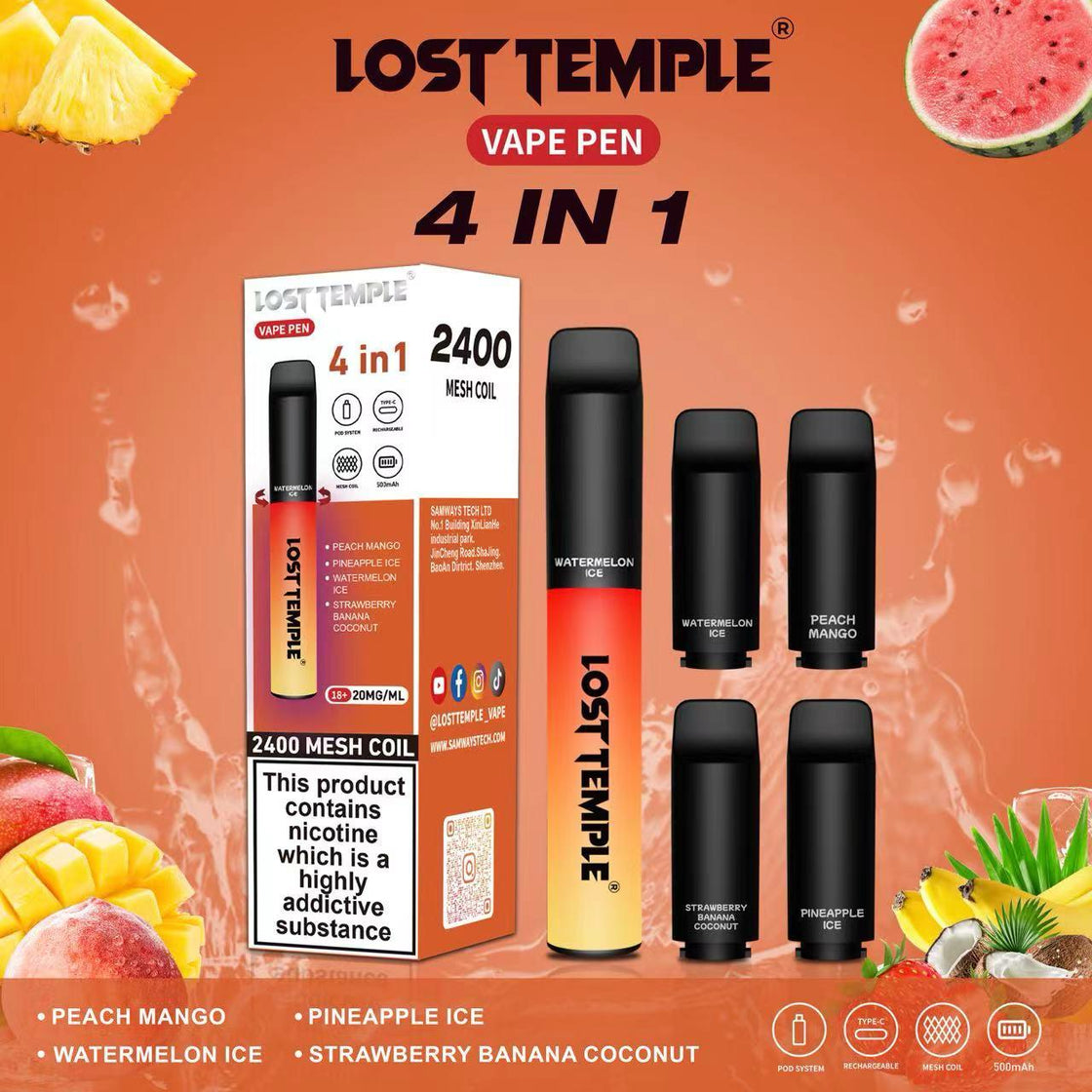 4 in 1 Lost temple 2400 Puffs Disposable Pod System Kit 